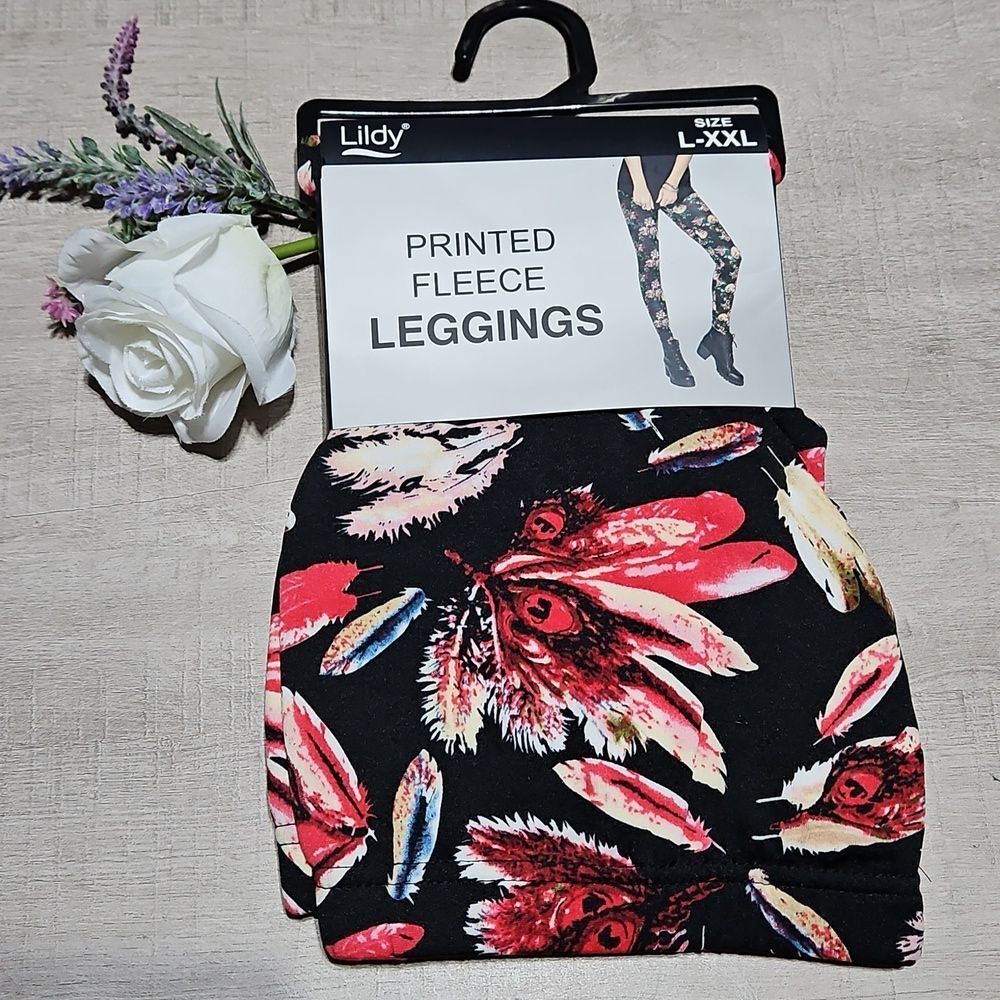 Lildy Bohomeian Feather Printed Cozy Fleece Leggings